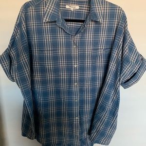 Blue plaid button up Madewell shirt